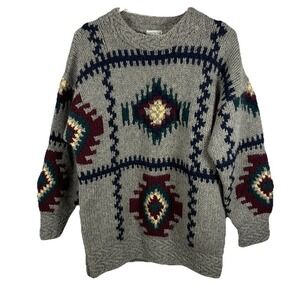 Vintage Susann D Hand Knitted Shetland Wool Sweater Southwestern Aztec Women M